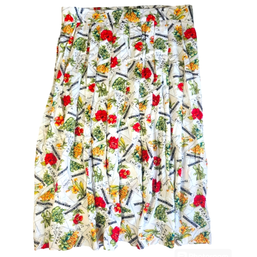 Vintage Size XL Kathie Lee Pull on Midi Skirt Seed Packet Garden Pattern